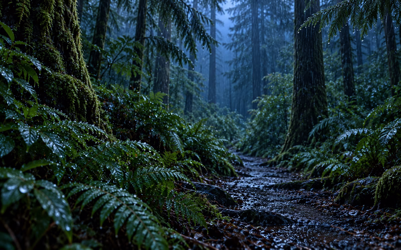 Forest canopy rain with gentle rolling thunder