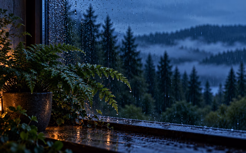 Gentle rainfall and distant rumble of thunder