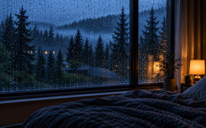 Rain falling on a window pane with distant storm rumble