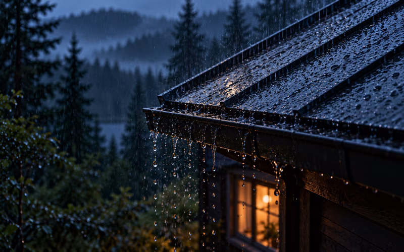 Rain drops on a tin roof with low rumbling thunder