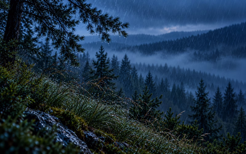 Coastal rainstorm with wind and distant thunder